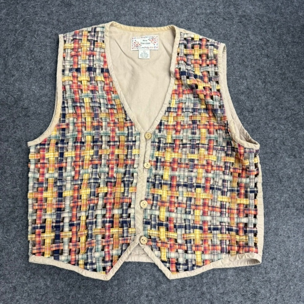 New Direction Woven Plaid Vest Women Beige Tan Multicolor Buttons